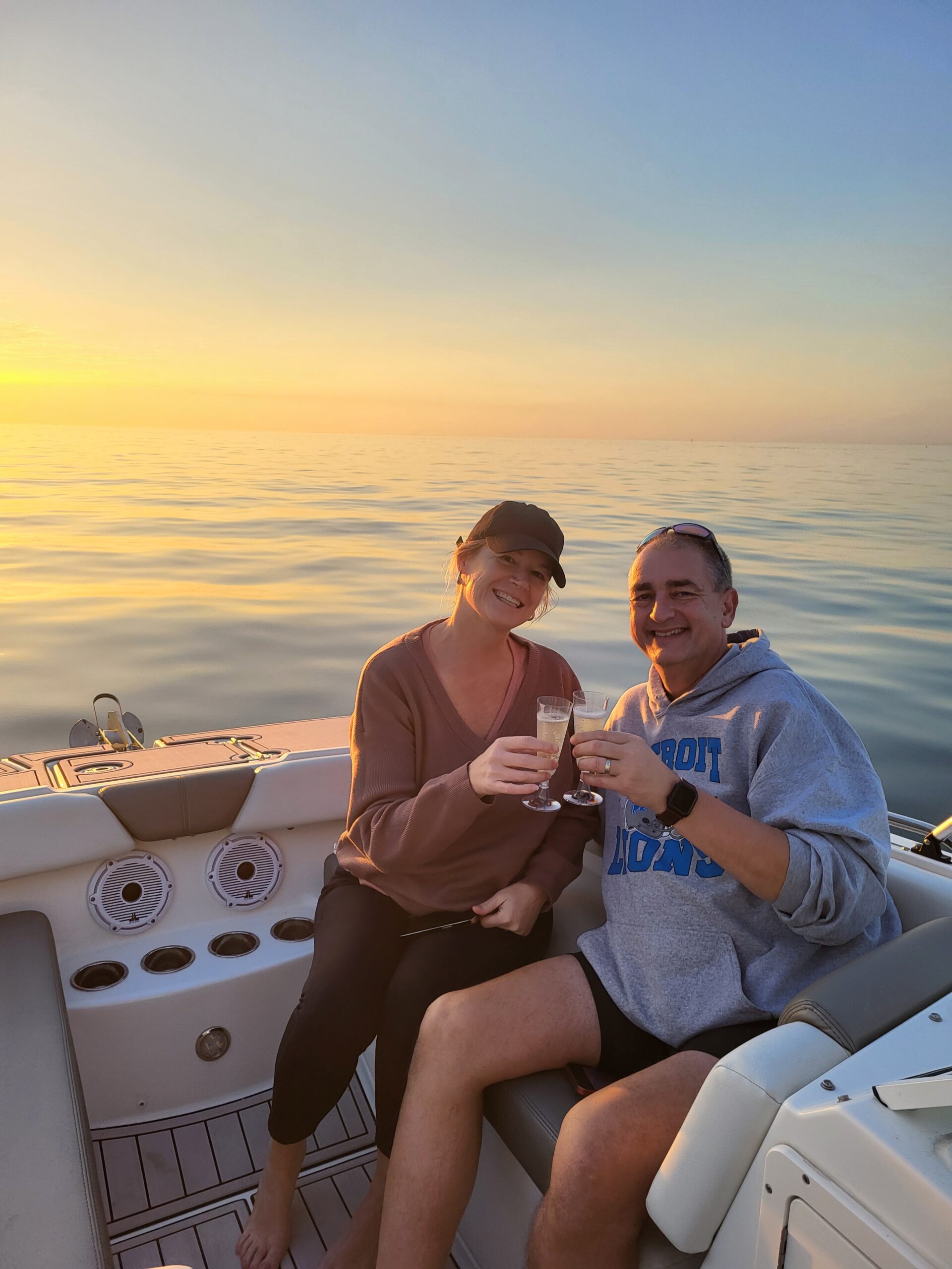Couple enjoying a private sunset cruise on the Gulf of Mexico near Clearwater and St. Petersburg Florida