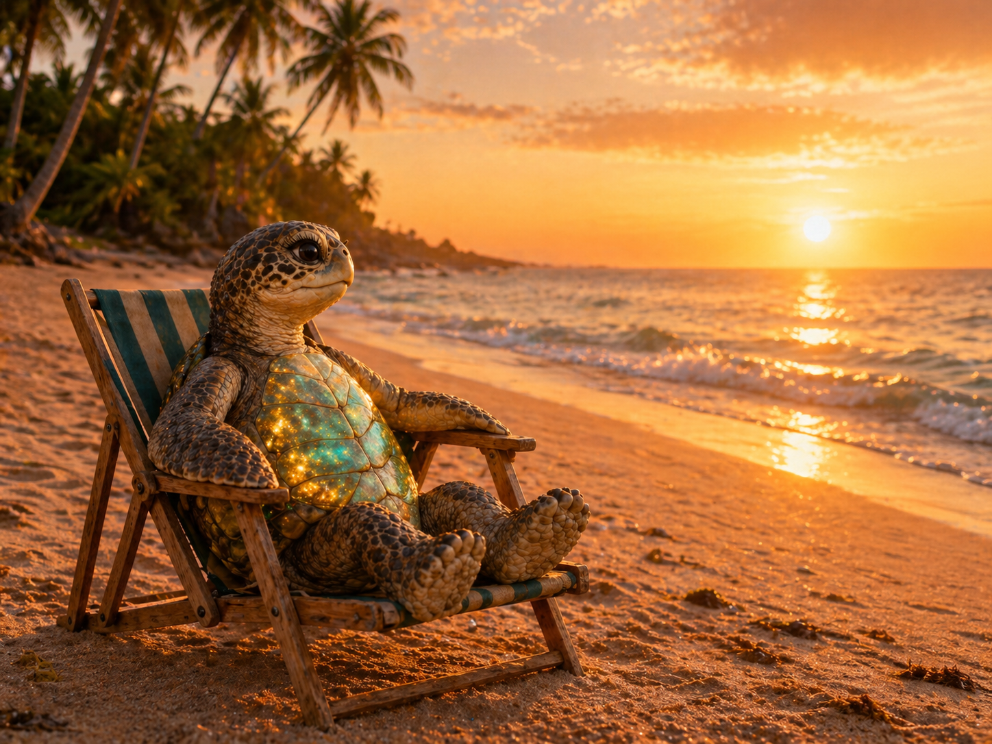 Tessa the Wayward Key Tours sea turtle mascot on the beach at sunset near Clearwater Florida
