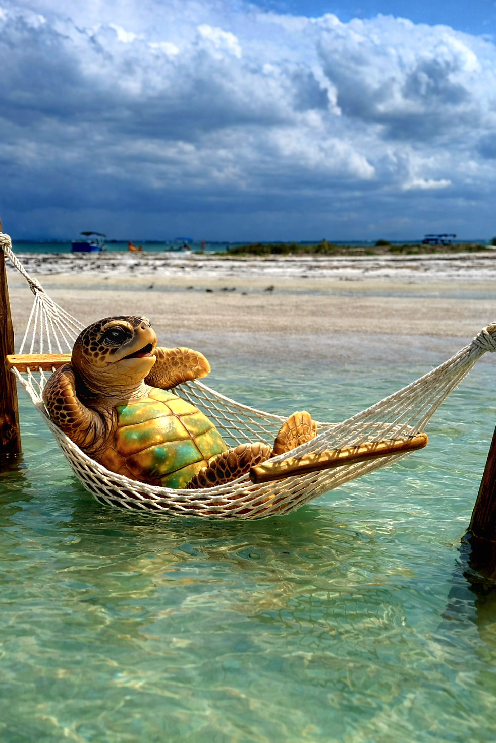 Tessa the Wayward Key Tours sea turtle mascot relaxing at a Gulf Coast island near Clearwater Florida