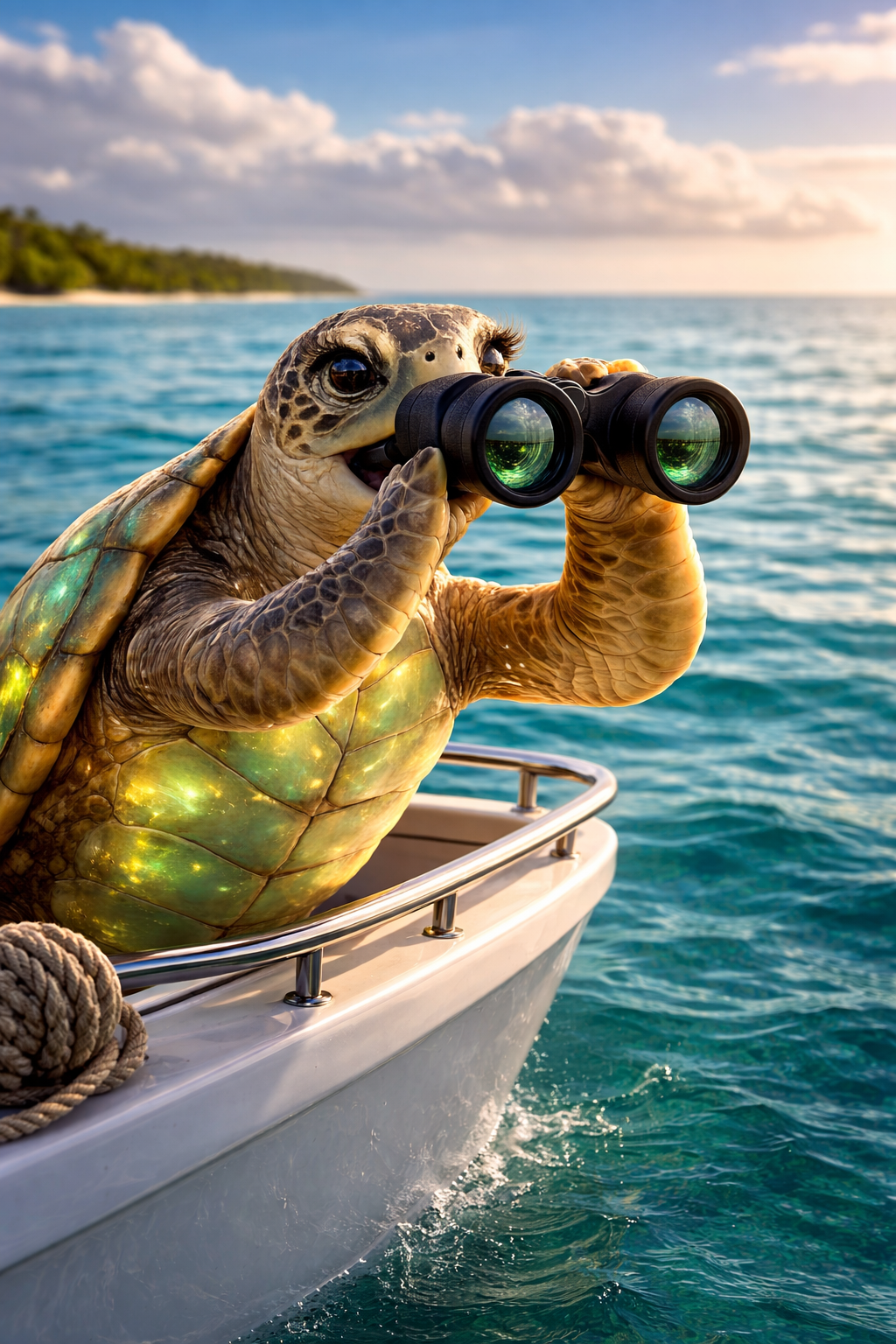 Tessa the Wayward Key Tours sea turtle mascot with binoculars ready to spot dolphins near Clearwater