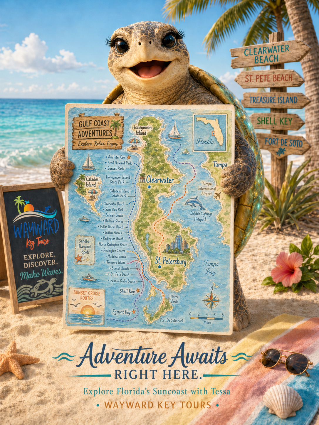 Tessa the Wayward Key Tours sea turtle mascot holding a Gulf Coast map showing Clearwater and St. Petersburg islands