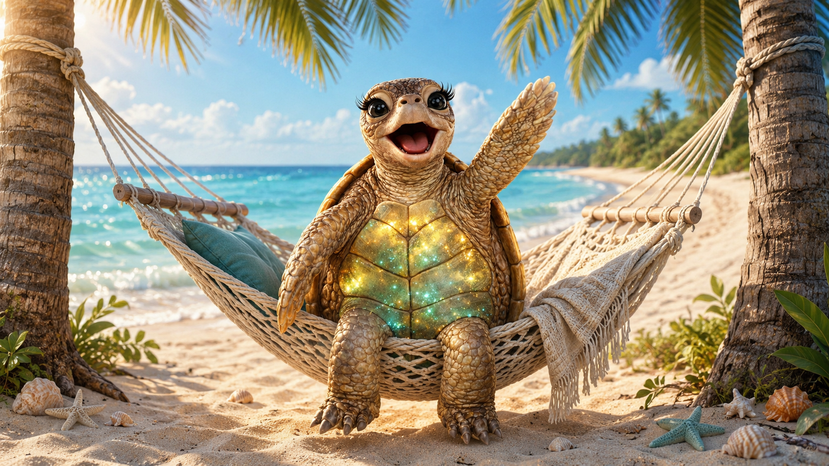 Tessa the Wayward Key Tours sea turtle mascot relaxing in a hammock at a Gulf sandbar near Clearwater Florida