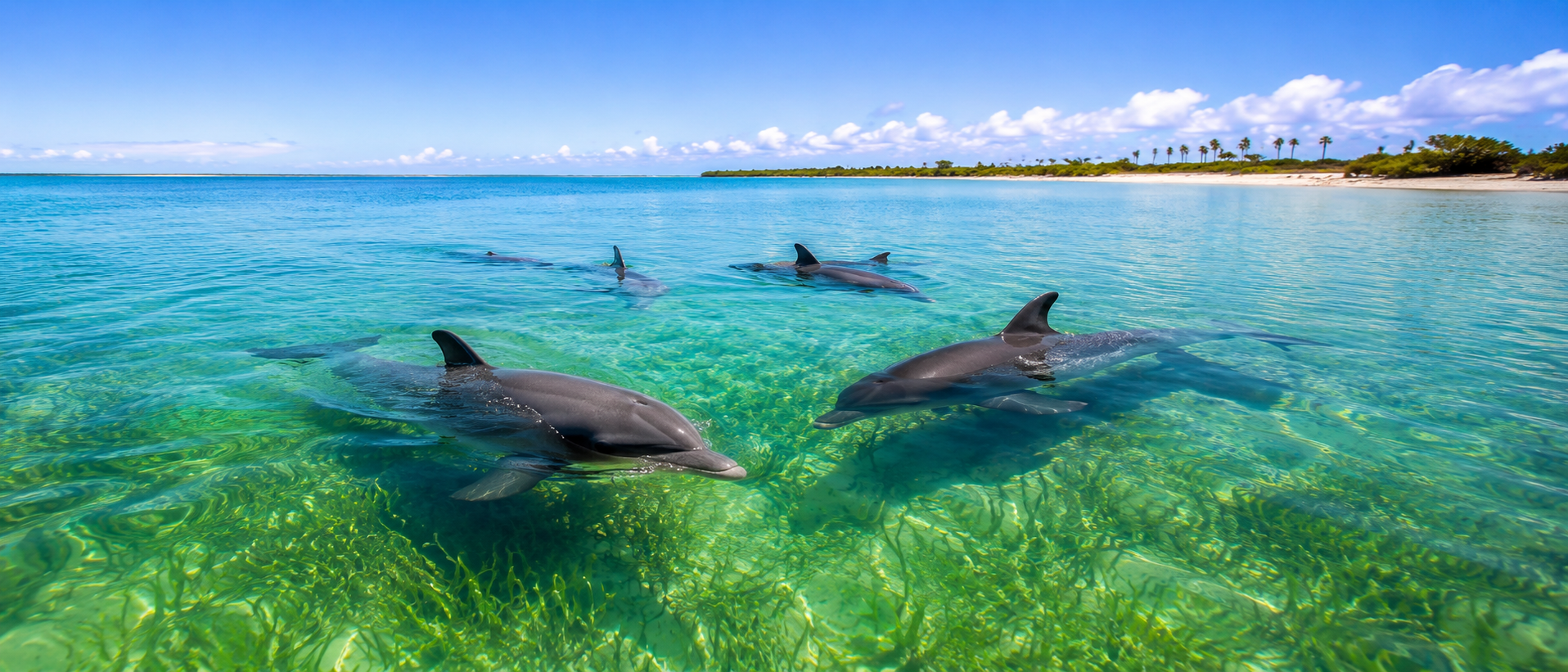 Bottlenose dolphins swimming in clear Gulf Coast water near Clearwater Florida