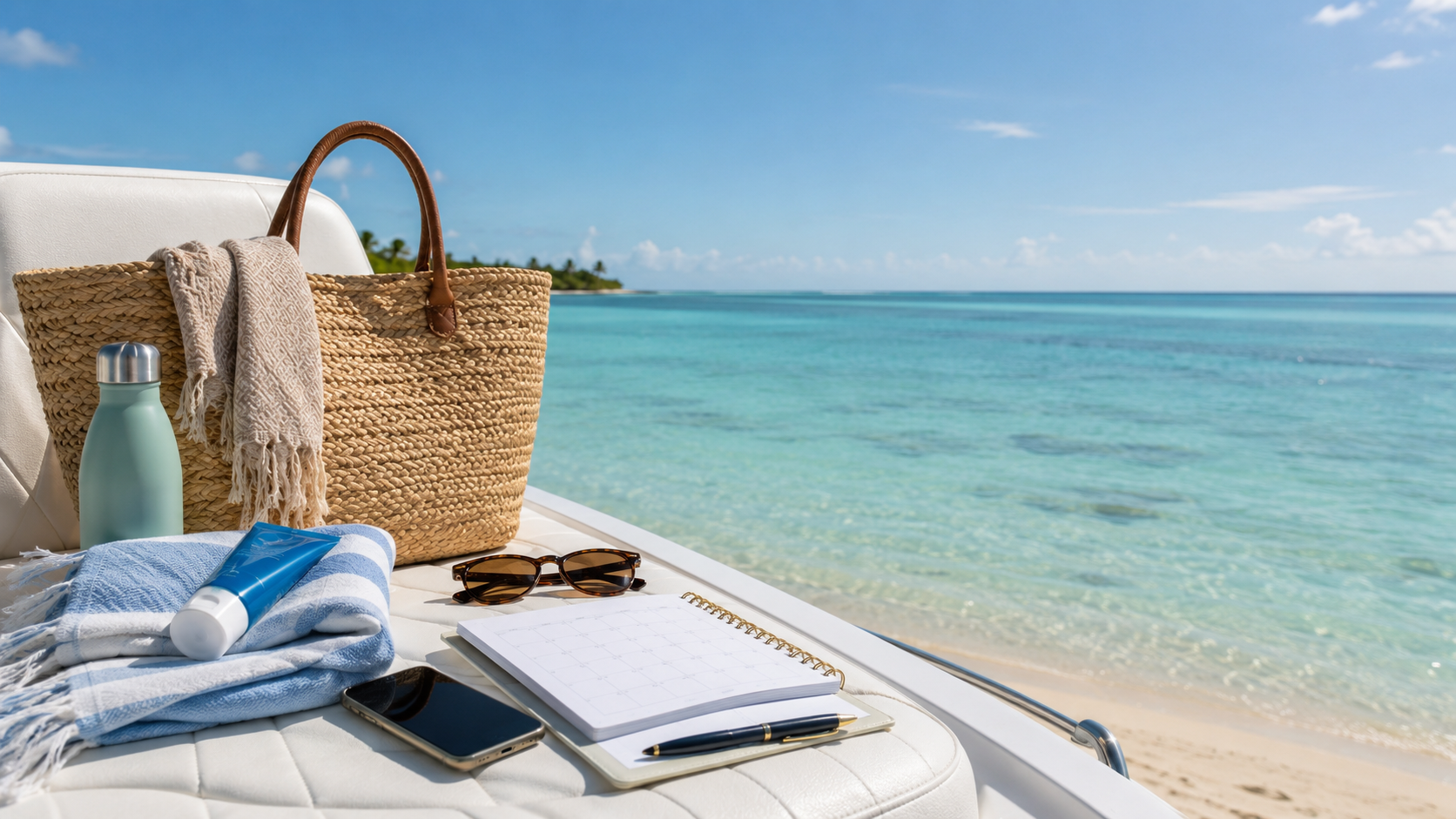 Beach bag, sunscreen, hat, sunglasses, towel and flip-flops packed for a boat tour in Clearwater, Florida
