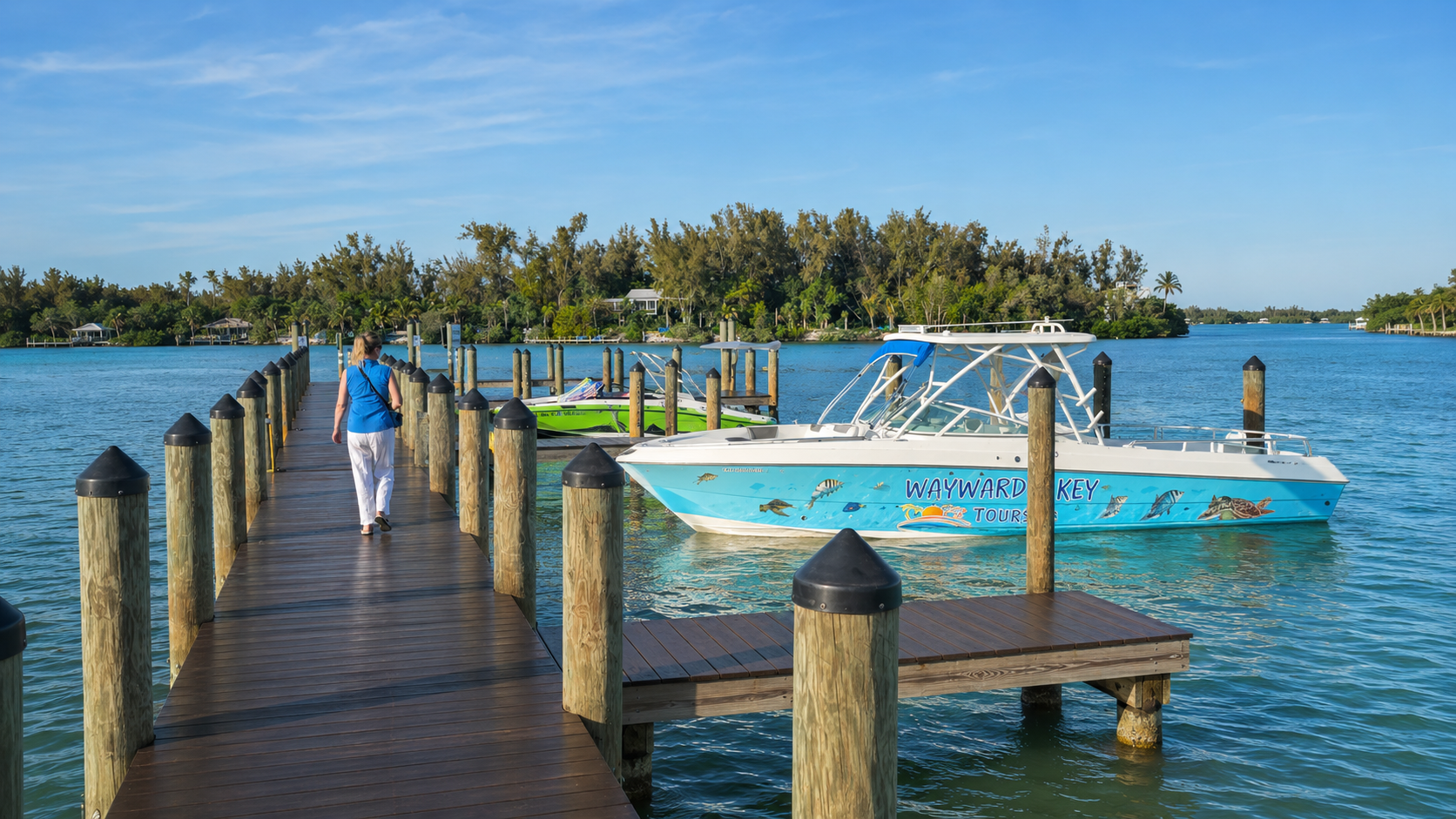 Walking the dock back to the boat after lunch at The Shore restaurant on Longboat Key, Florida