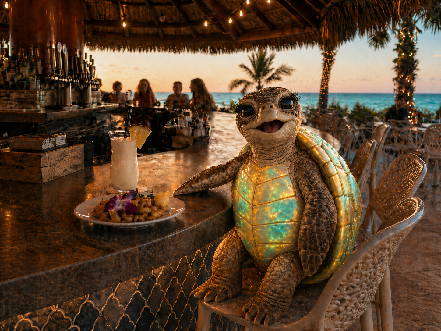 Tessa the Wayward Key Tours sea turtle mascot sitting at a waterfront restaurant table