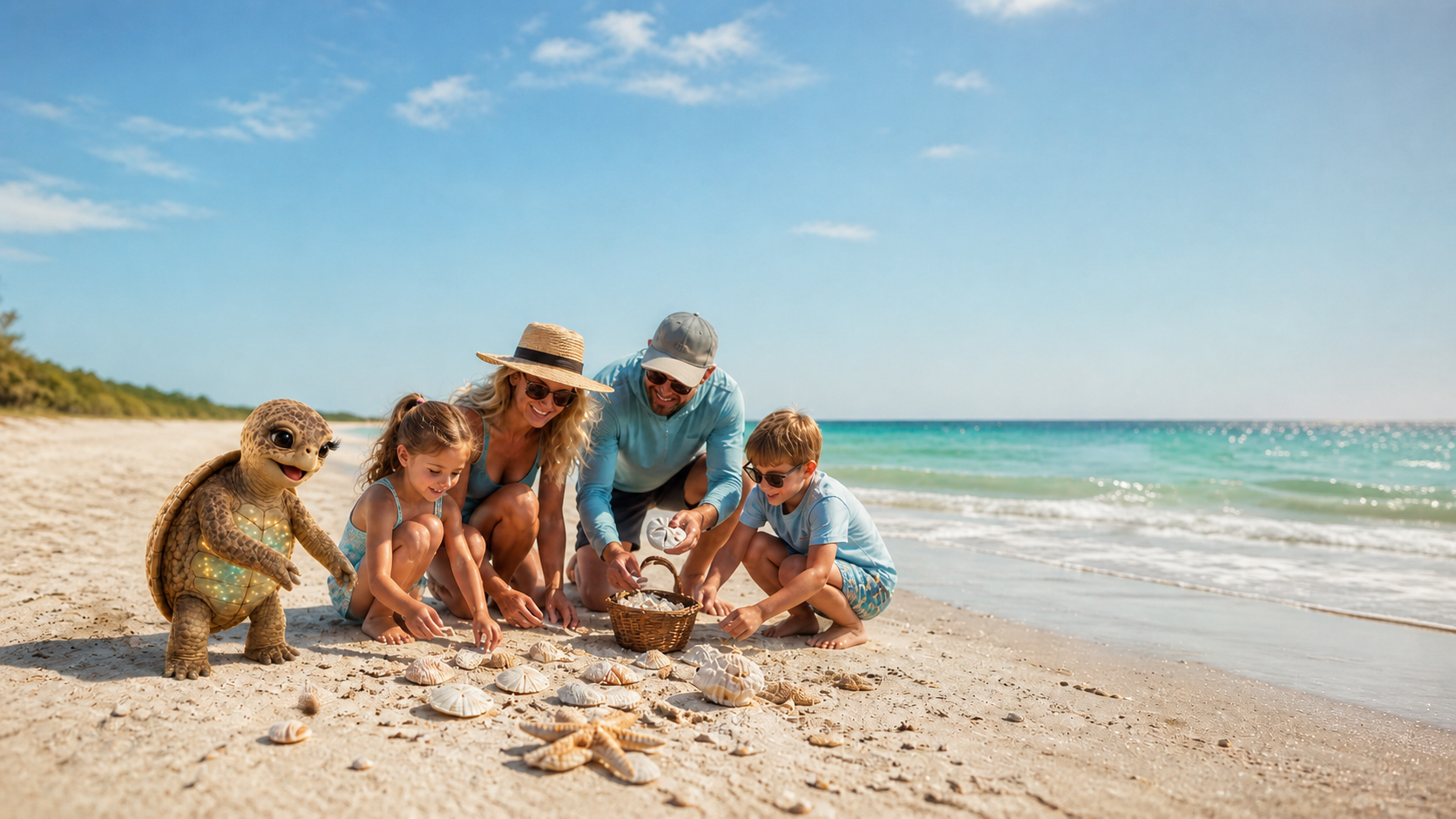 Tessa the Wayward Key Tours sea turtle mascot with a family collecting shells on a Gulf Coast beach near Clearwater Florida