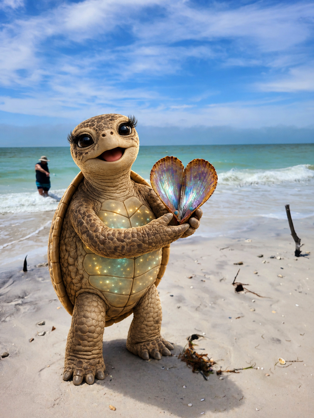 Tessa the Wayward Key Tours sea turtle mascot holding an iridescent pen shell