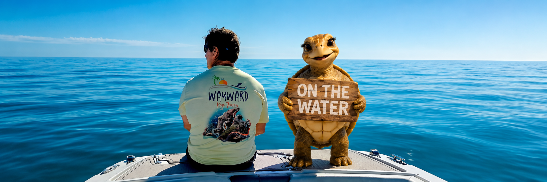 Tessa the sea turtle and Captain Keith on the boat looking out over calm Gulf water