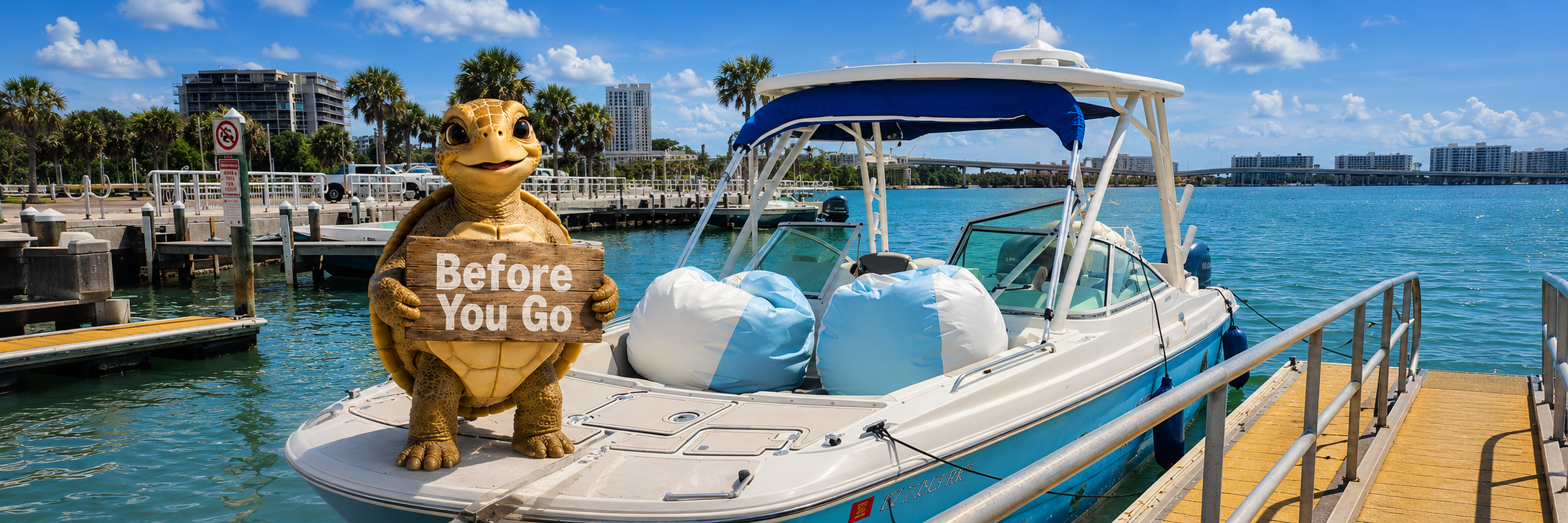 Tessa the sea turtle holding a Before You Go sign on the boat at the dock with bean bags loaded