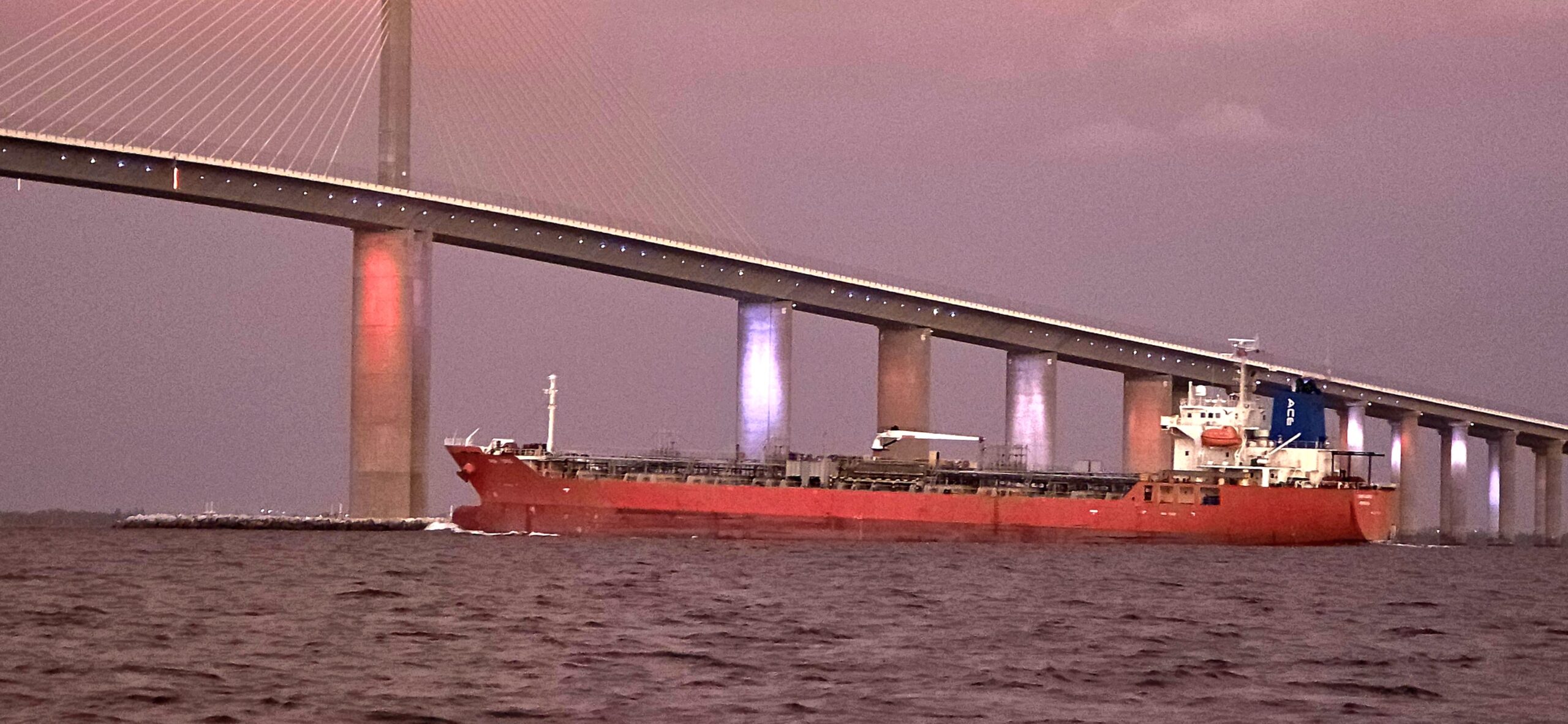 Large commercial ship passing beneath the Sunshine Skyway Bridge, viewed from a private boat charter in Tampa Bay
