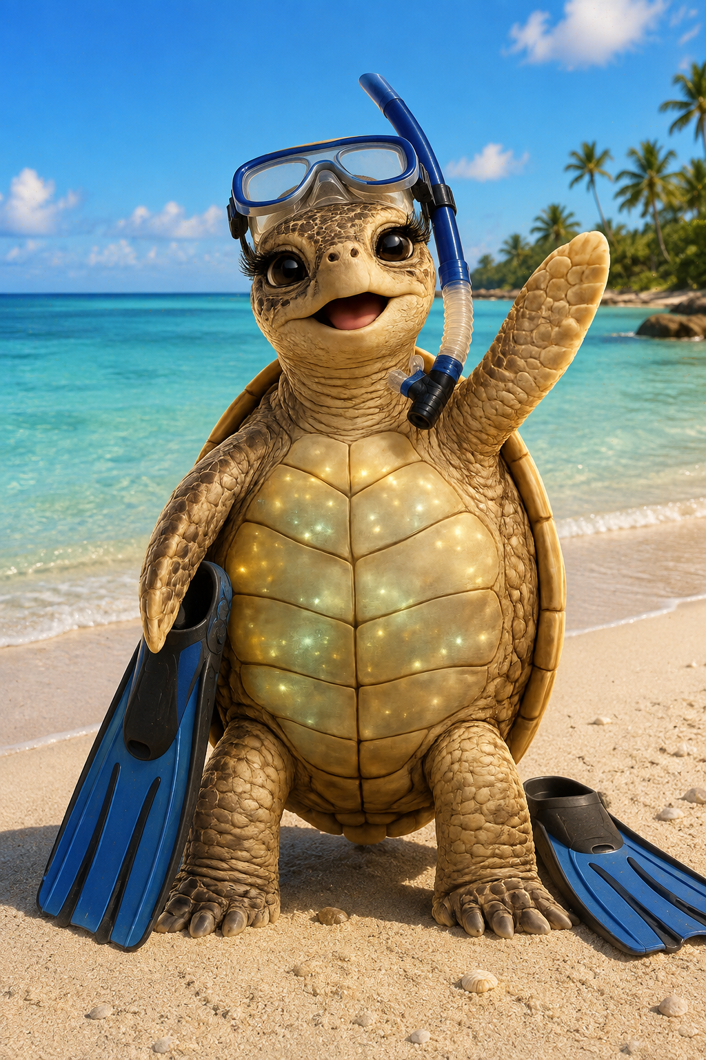 Tessa the Wayward Key Tours sea turtle mascot holding snorkel gear