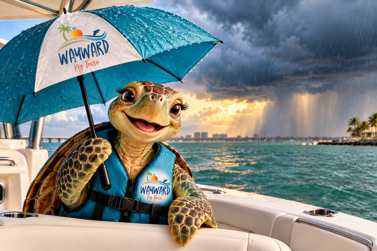 Tessa the Turtle holding a Wayward Key Tours umbrella during changing Florida Gulf Coast weather