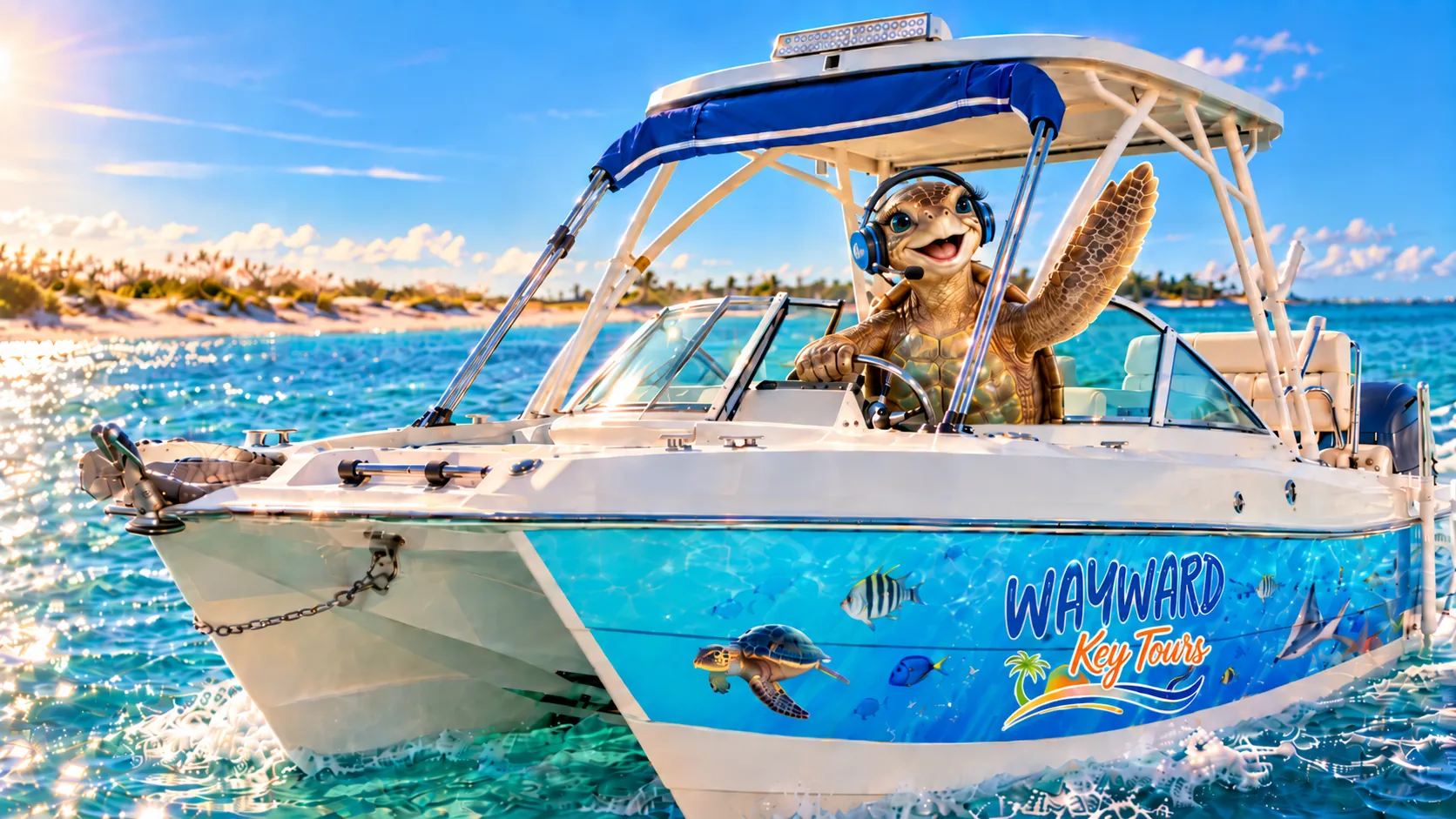 Tessa the sea turtle, Wayward Key Tours' AI guide, wearing a headset and waving from the helm of the company's 23-foot WorldCat catamaran on turquoise Gulf water near Clearwater, Florida